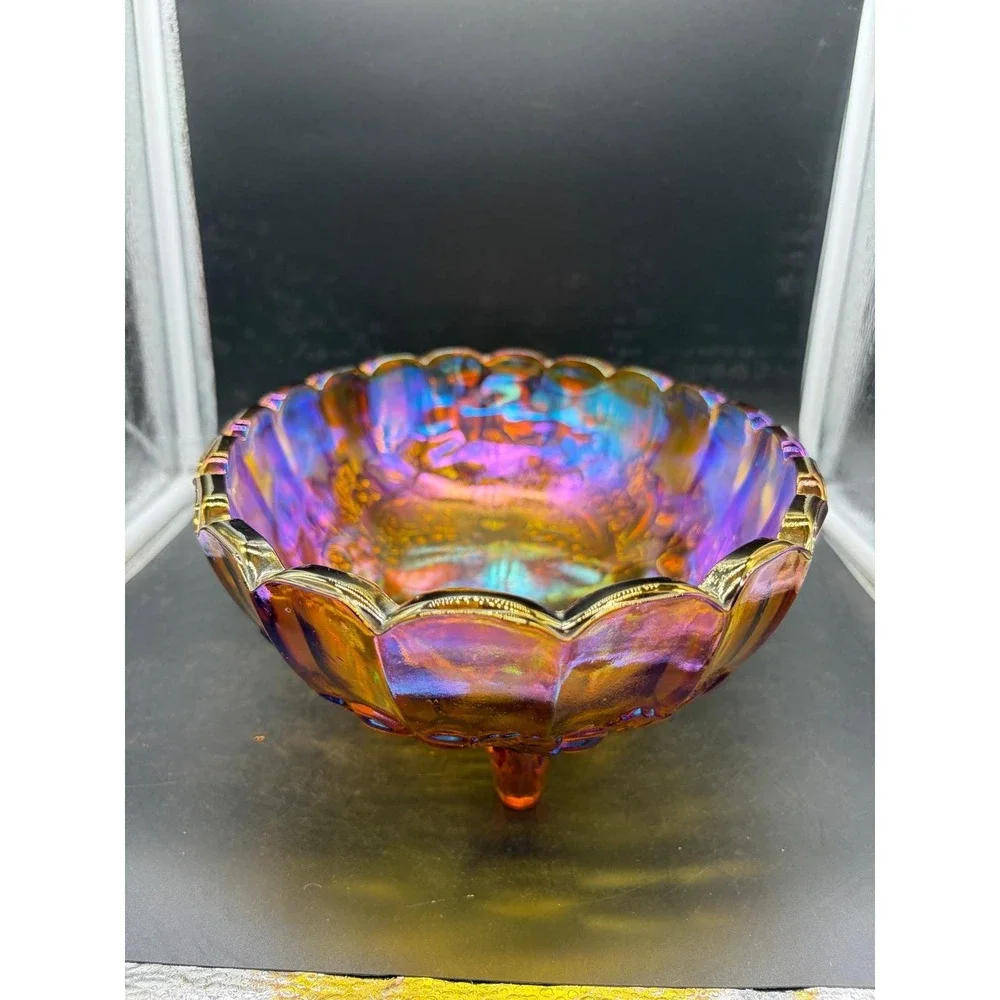 Indiana Glass Harvest Grape Marigold Carnival Glass Footed Oval Bowl Centerpiece